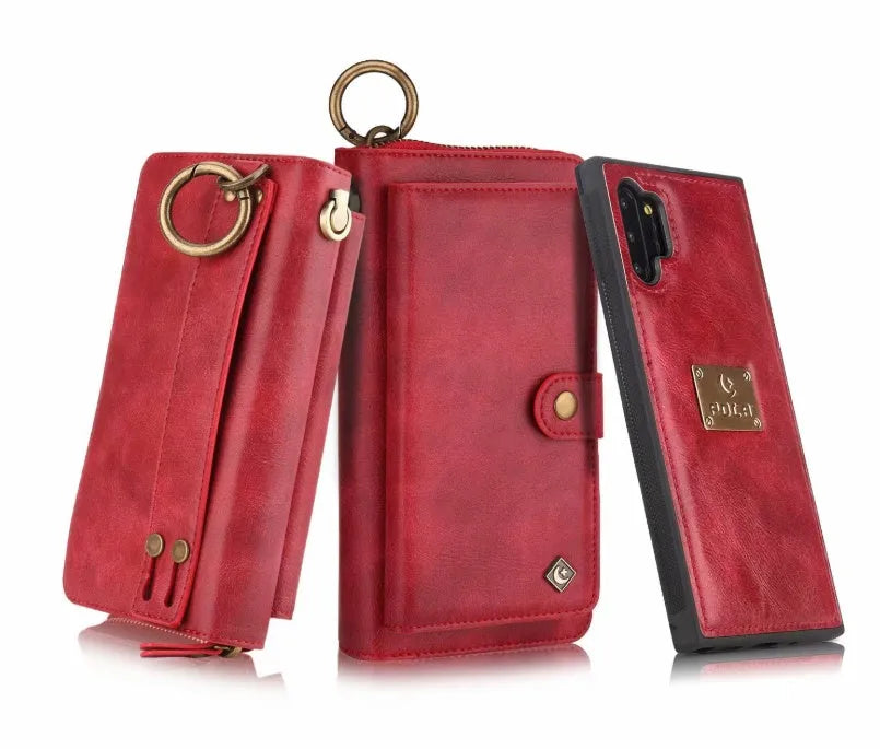Black PU leather mobile phone wallet case with a zip closure, shown next to cards.
