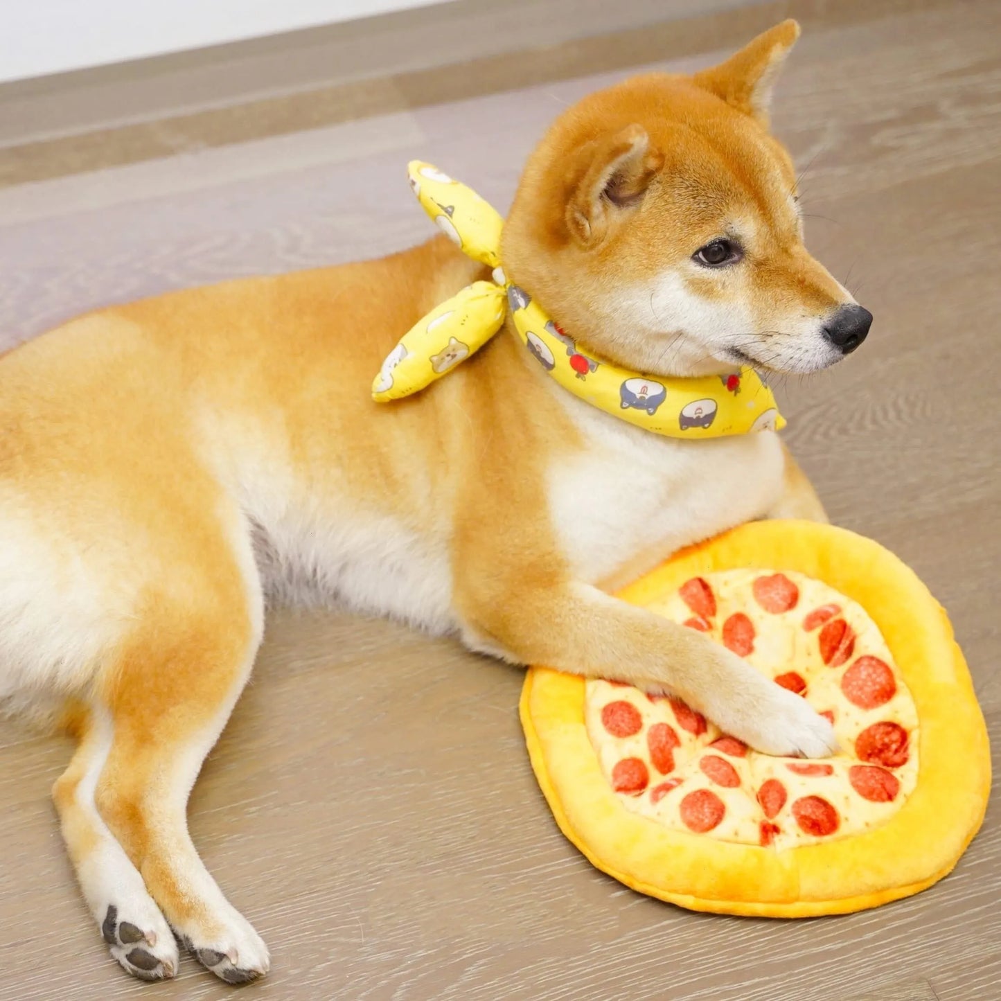 Yellow pizza slice dog chewing toy with teddy bear texture and squeaker