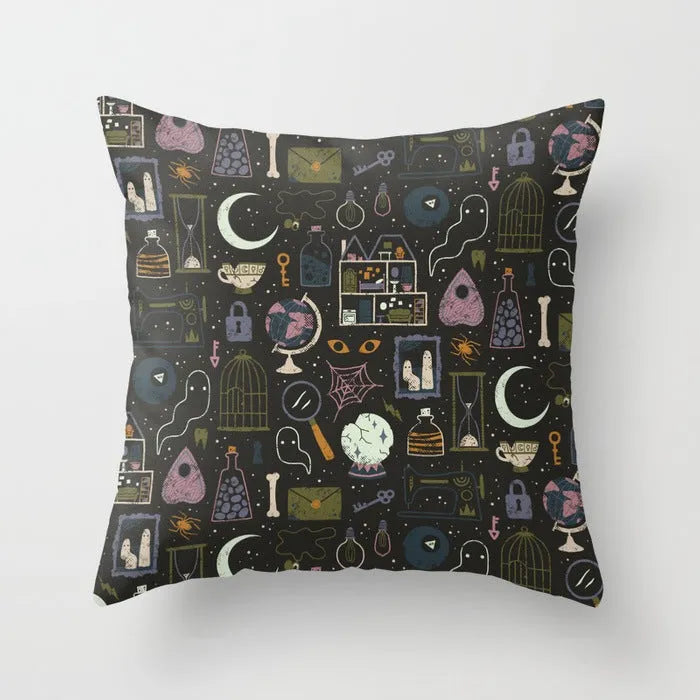 Halloween-themed cartoon print cushion cover on a sofa, 45x45 cm size.