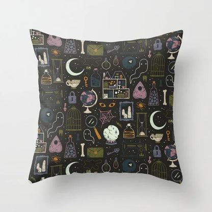 Halloween-themed cartoon print cushion cover on a sofa, 45x45 cm size.