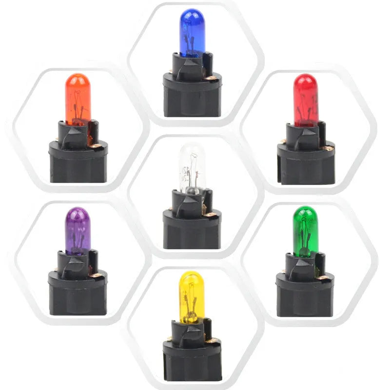 T5 car bubble meter indicator light in quartz glass showing six colour options for dashboard illumination