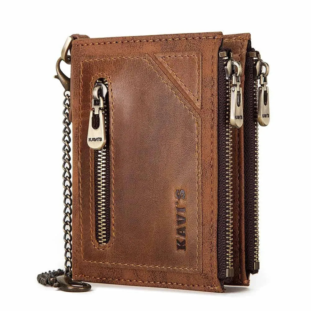 Men's dark brown leather wallet with chain detail showing RFID protection and first layer cowhide construction
