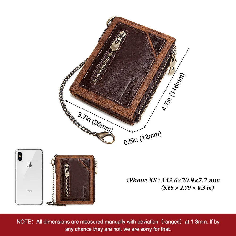 Men's dark brown leather wallet with chain detail showing RFID protection and first layer cowhide construction