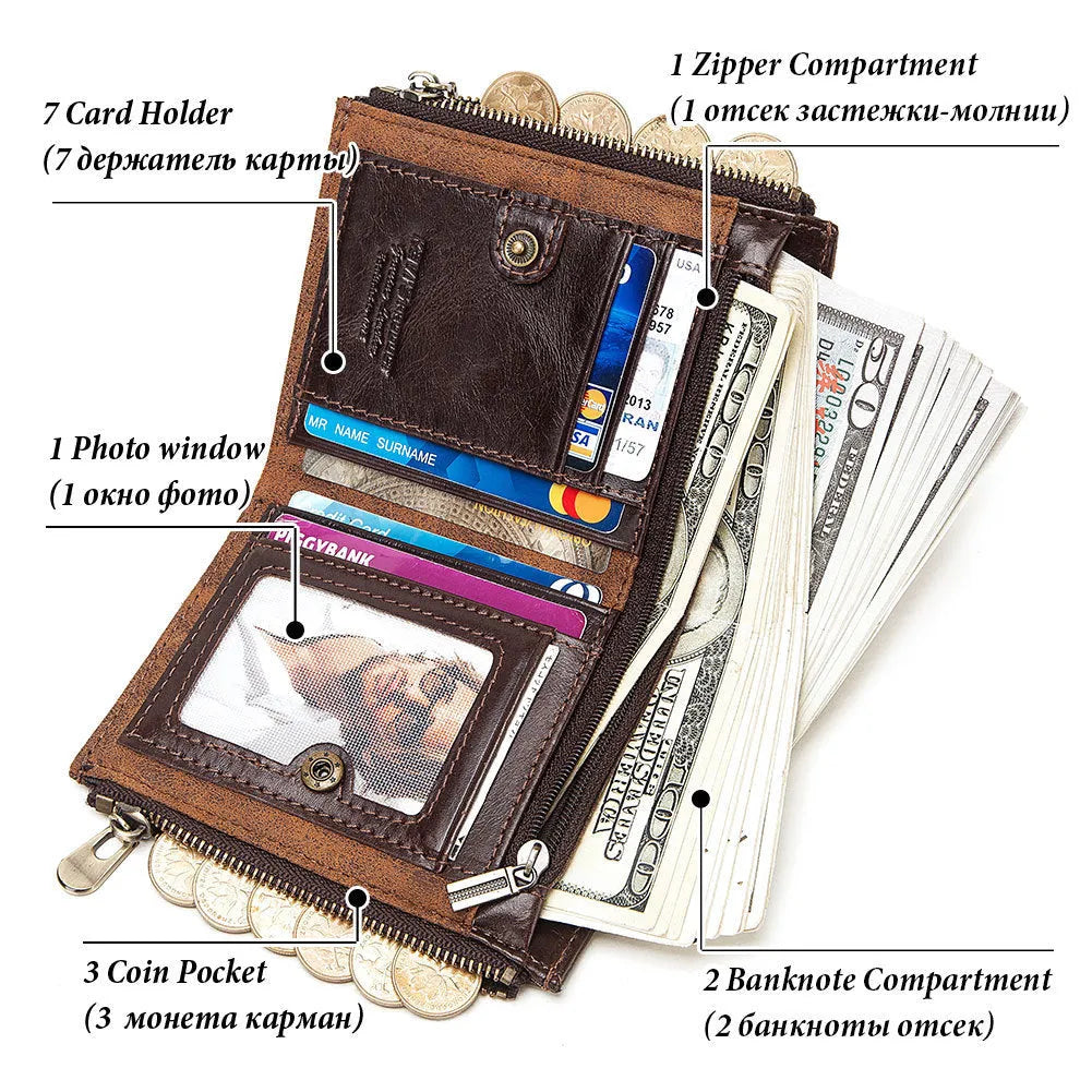 Men's dark brown leather wallet with chain detail showing RFID protection and first layer cowhide construction