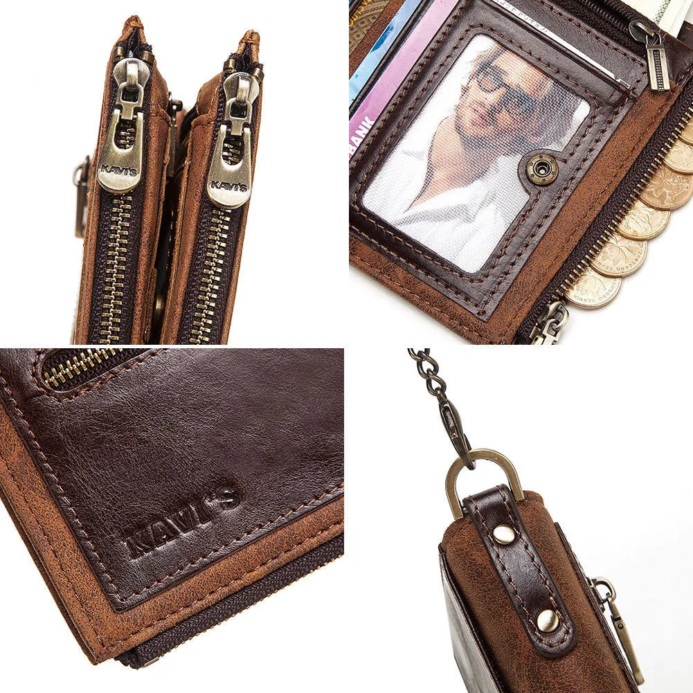 Men's dark brown leather wallet with chain detail showing RFID protection and first layer cowhide construction