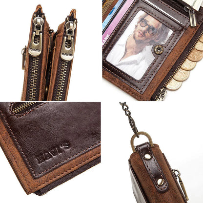 Men's dark brown leather wallet with chain detail showing RFID protection and first layer cowhide construction