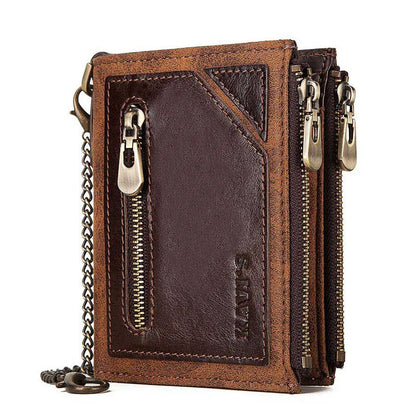 Men's dark brown leather wallet with chain detail showing RFID protection and first layer cowhide construction