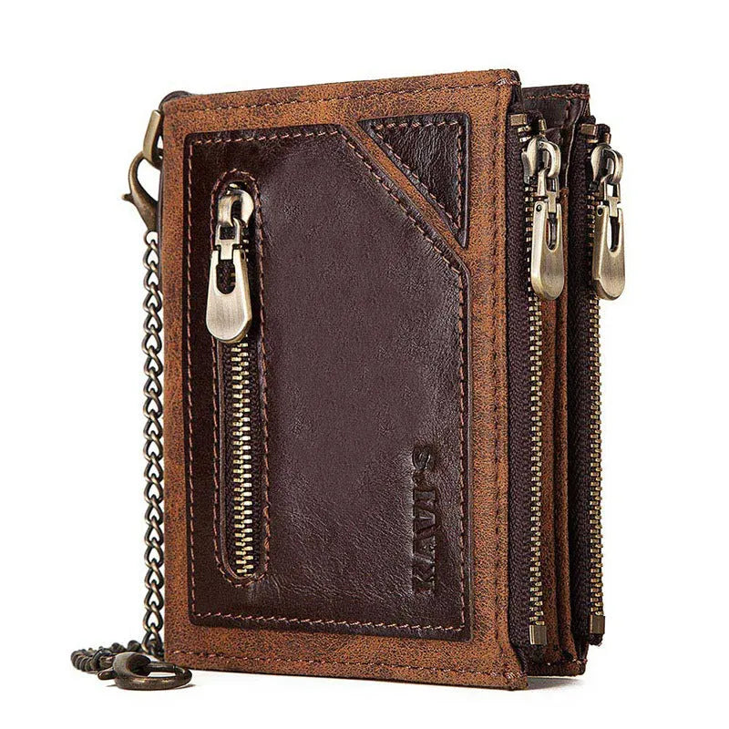 Men's genuine leather wallet with anti-theft RFID blocking technology and chain detail, dark brown first layer cowhide construction for daily use with polyester lining and street trend style.