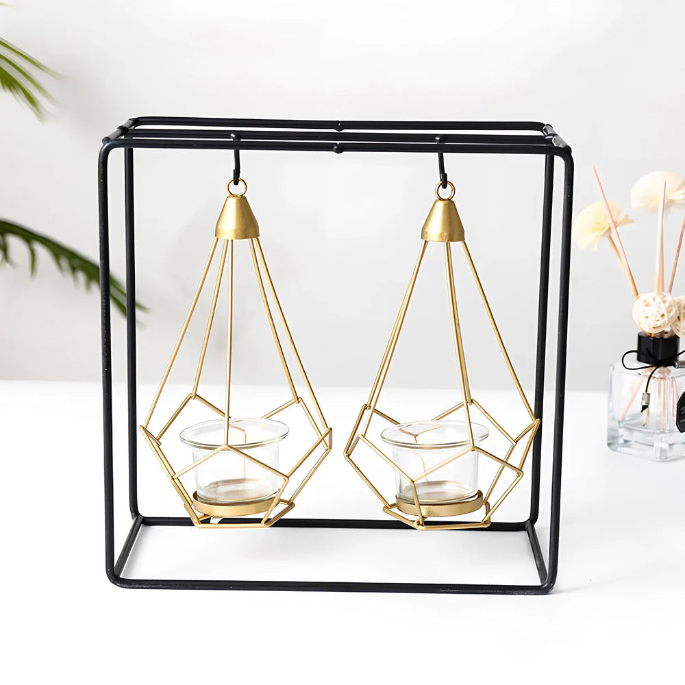Geometric wrought iron candle holder with angular design, 25cm height and 15cm base diameter