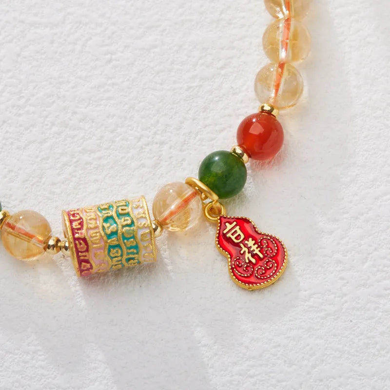 Citrine five sutra crystal bracelet with hand-woven geometric pattern and 6mm beads
