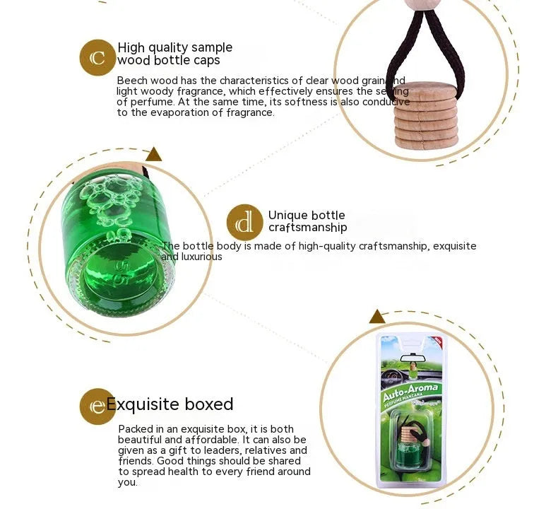 Glass bottle car air freshener hanging ornament with six scent options including lavender and lemon