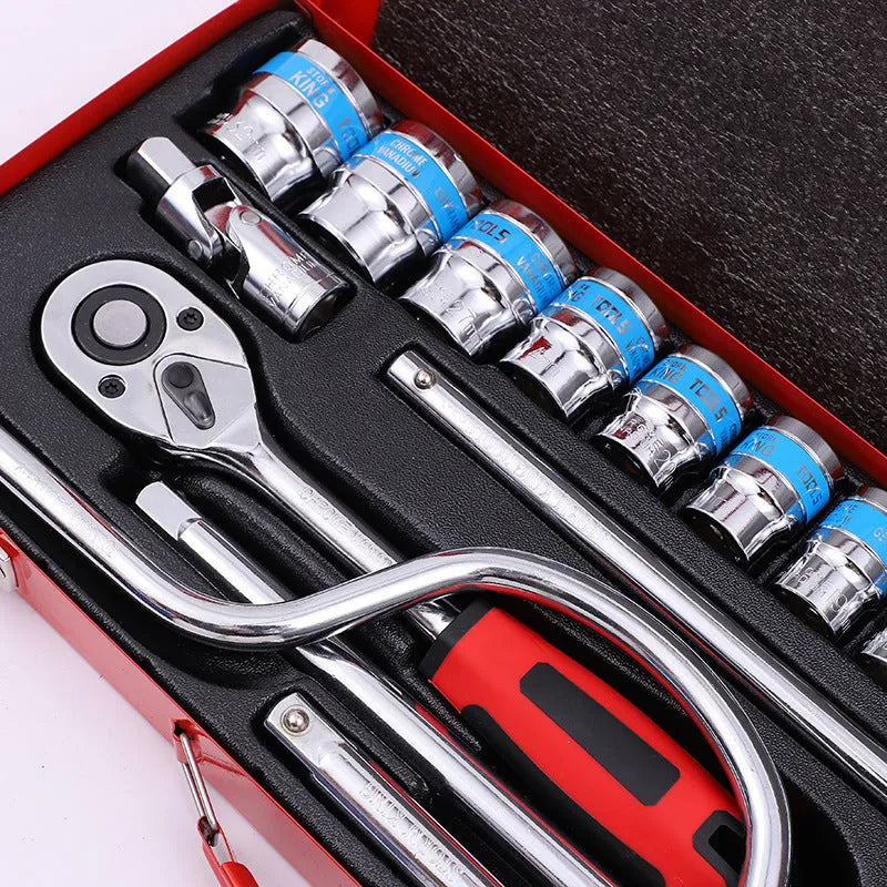 24-piece curved bow car repair wrench and socket set in storage case