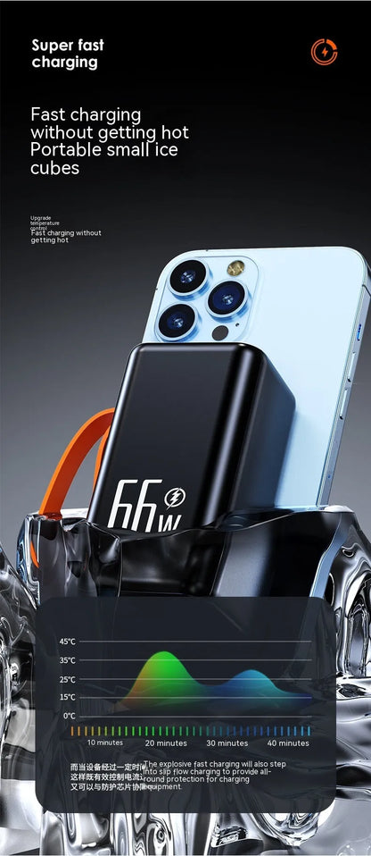 Black and white PD66W fast charge 20000mAh power bank showing creative design.