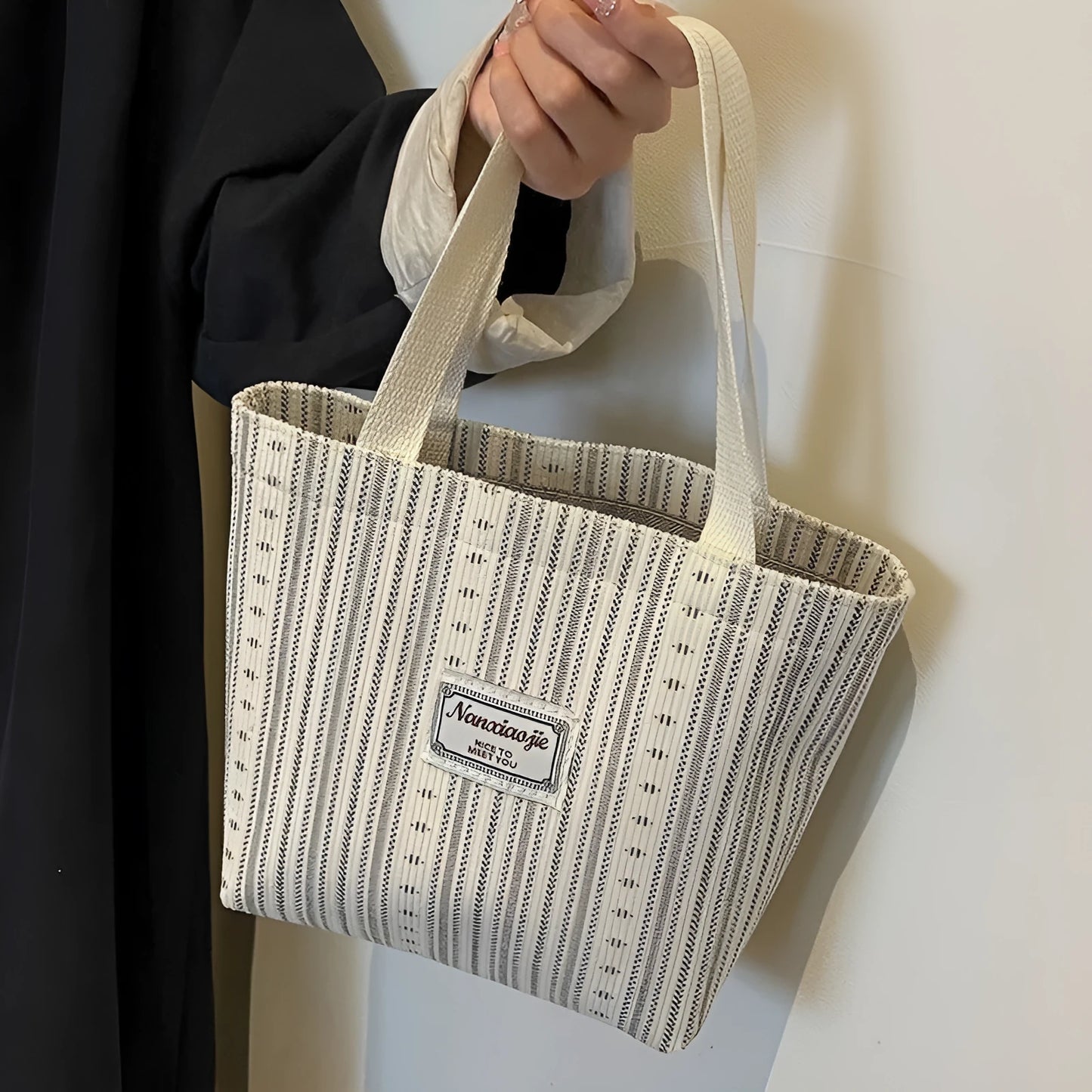 Japanese style corduroy tote handbag in dark brown colour showing large capacity interior