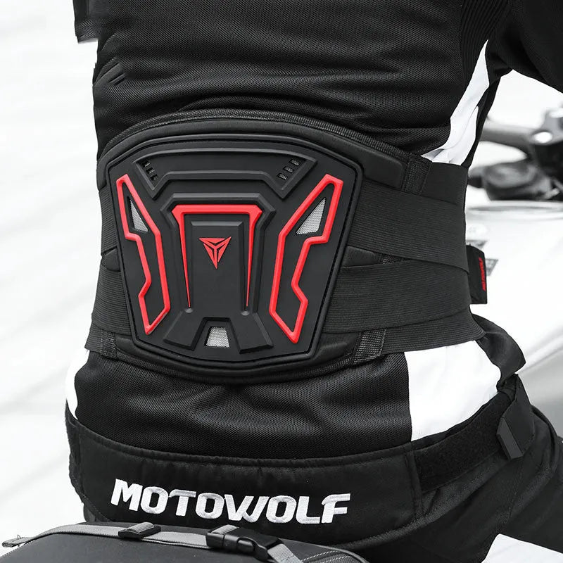 Motorcycle waist support harness in black colour with adjustable sizing for riding posture support