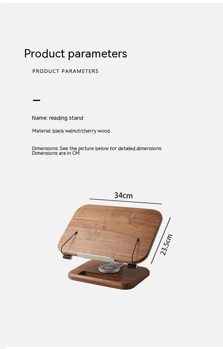 Walnut coloured solid wood adjustable reading rack with rotating base holding a book