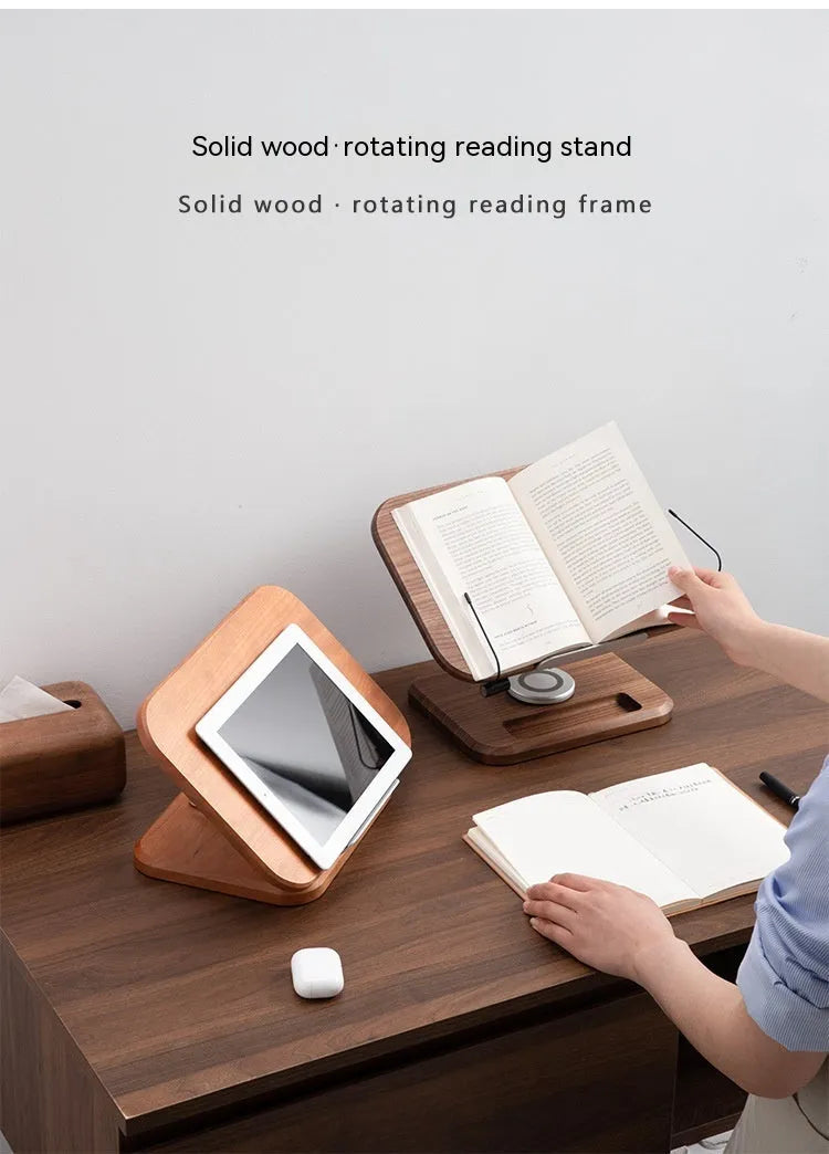 Walnut coloured solid wood adjustable reading rack with rotating base holding a book