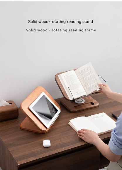 Walnut coloured solid wood adjustable reading rack with rotating base holding a book