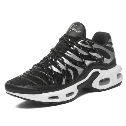 Men's breathable mesh sports shoes with rubber sole, air cushion, front lace-up, available in black, blue, red, and white