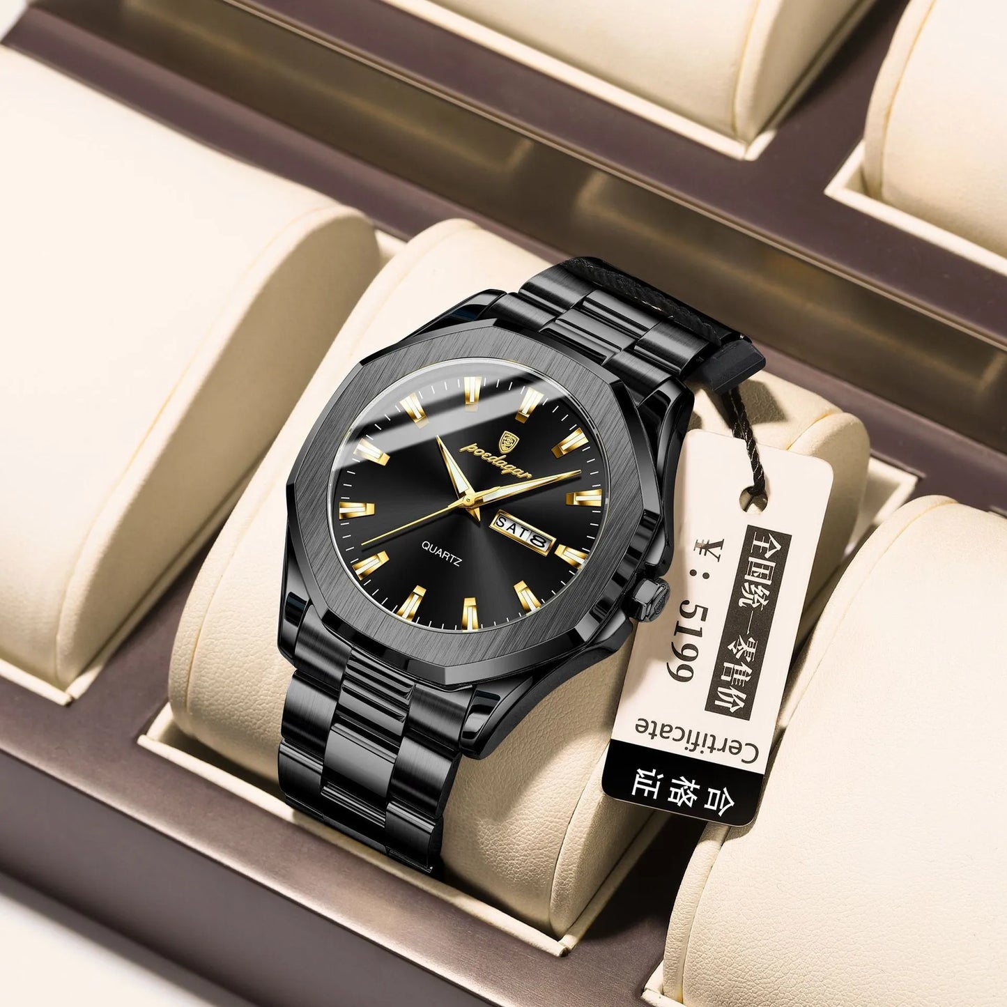 Men's steel strap quartz watch with 9mm thick case in a business style, showing colour options.