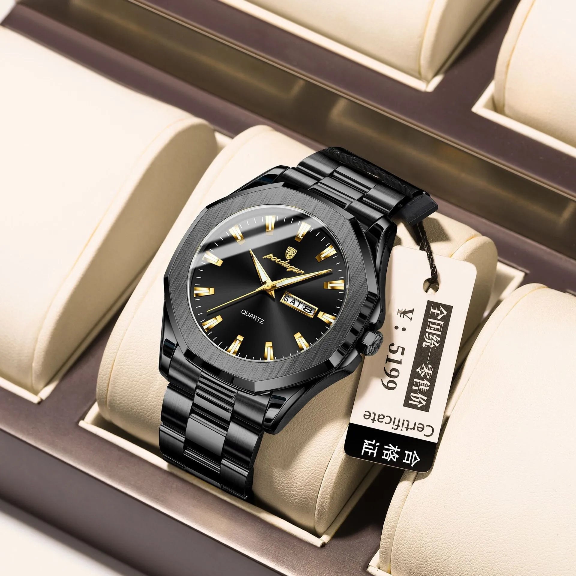 Men's steel strap quartz watch with 9mm thick case in a business style, showing colour options.