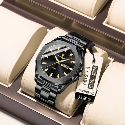 Men's steel strap quartz watch with 9mm thick case in a business style, showing colour options.