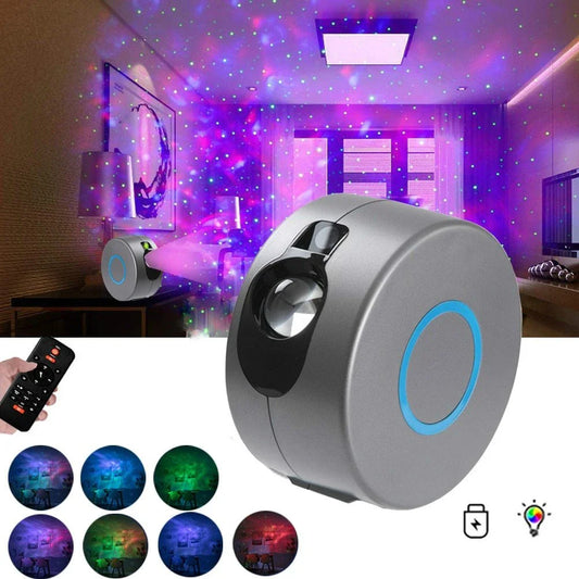 Enchanting starry sky projector with dynamic colour lighting, creating a mesmerising atmosphere in a bedroom or living space