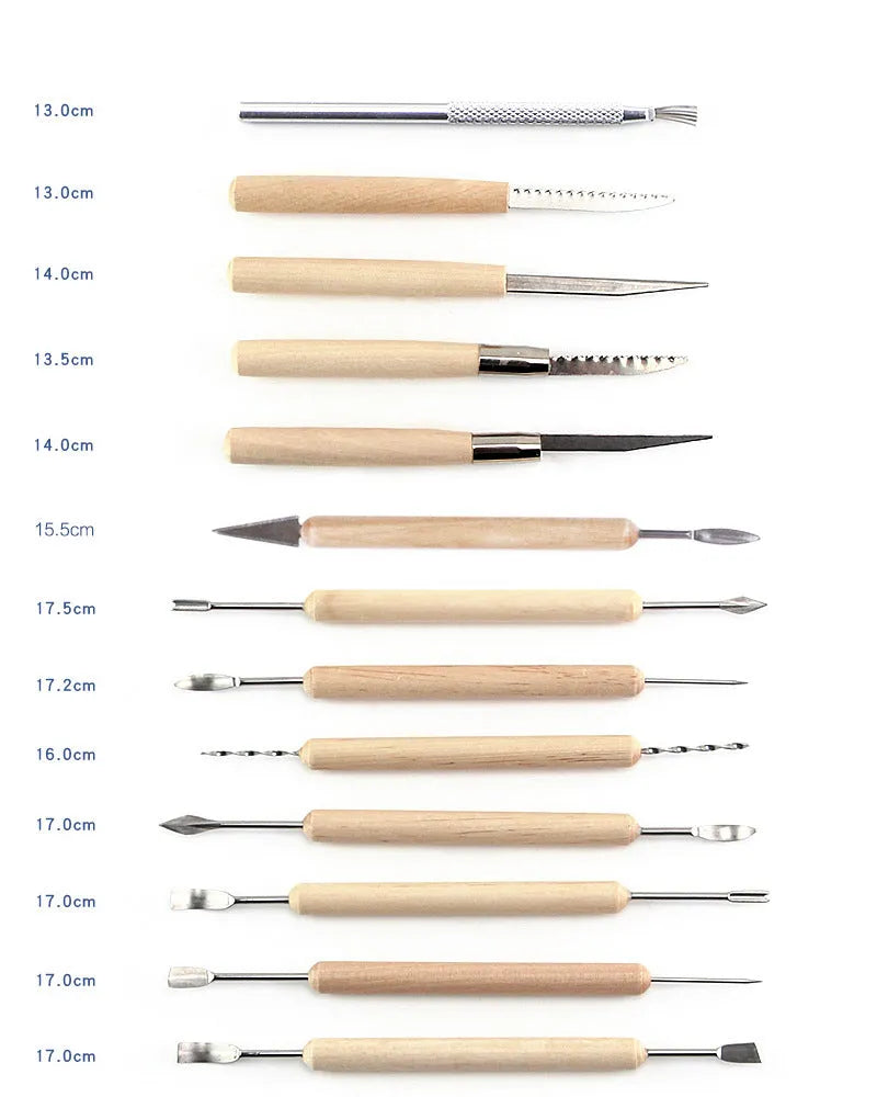 27-piece pottery clay tool set with stainless steel, wood, and plastic tools in an OPP storage bag.