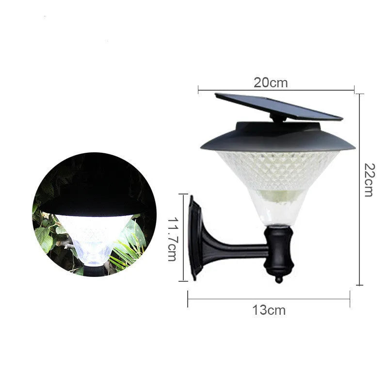 Solar-powered outdoor street light with solar panel on top and LED light fixture.