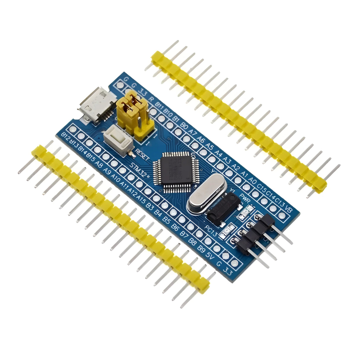 STM32F103C8T6 minimum system development board with blue PCB, Mini USB port, and pin headers.