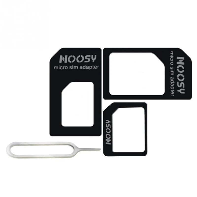 Three-piece SIM card adapter kit with storage case showing standard, micro and nano adapters