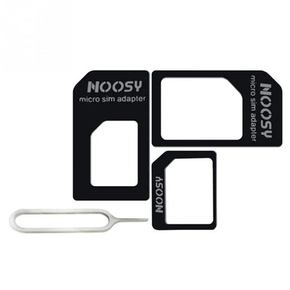 Three-piece SIM card adapter kit with storage case showing standard, micro and nano adapters