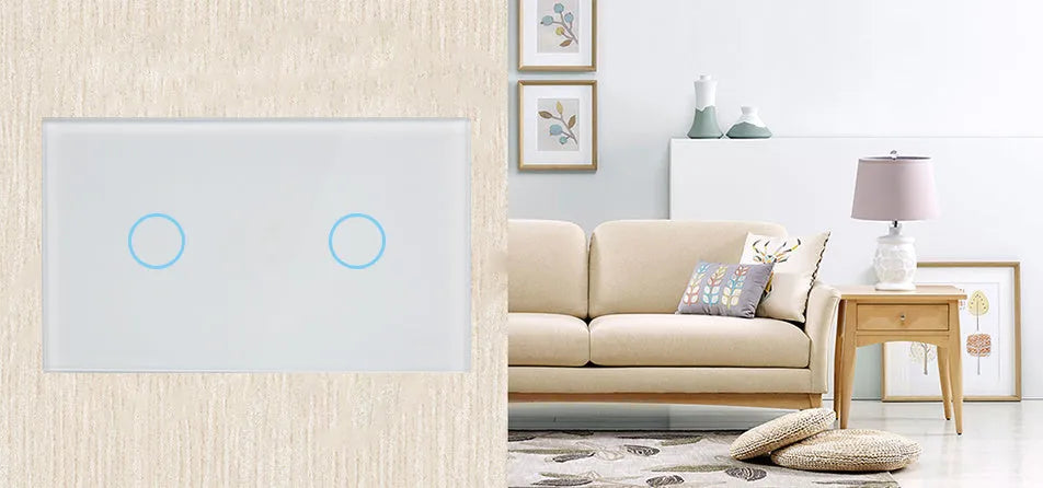 White tempered glass smart touch light switch with blue LED indicator on a UK wall.