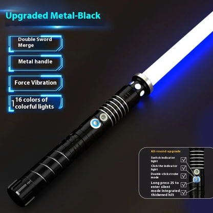 Metal rechargeable laser sword toy with gravity induction, 16 colour-changing lights, and 8 sound effects for children aged 7-14.