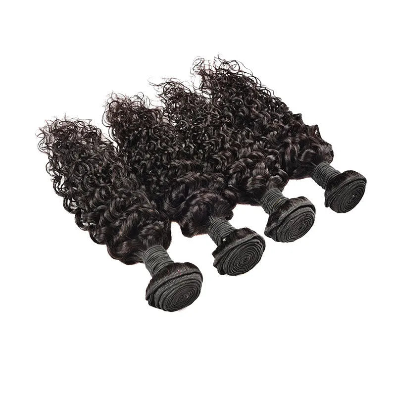 Real human hair water wave extensions in natural colours displayed at various lengths.