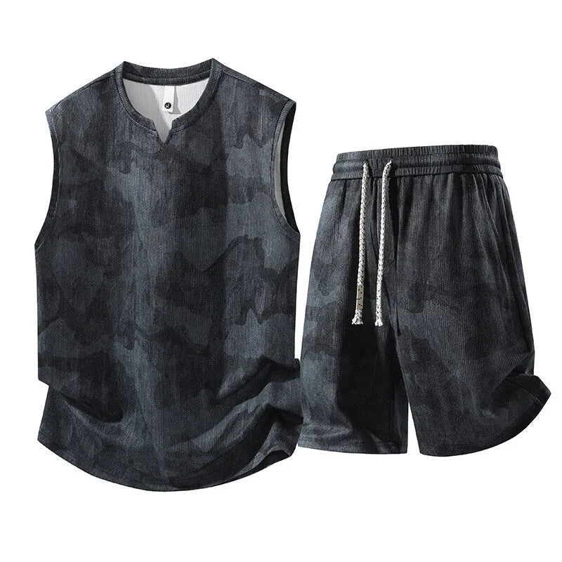 Sleeveless vest and fifth pants two-piece suit in extended sizes with quick-drying hemp fabric