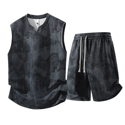 Sleeveless vest and fifth pants two-piece suit in extended sizes with quick-drying hemp fabric
