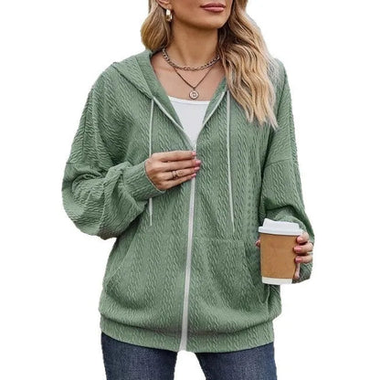 Green hooded zipper coat for women with loose fit, 50cm length, and front zipper closure in casual style.