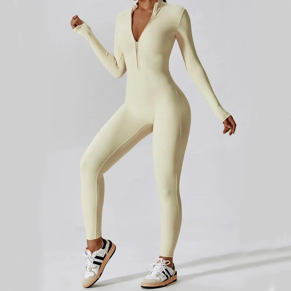 Seamless women's yoga jumpsuit with zipper for fitness and casual wear in various colors