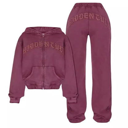Stylish athleisure set featuring a zip-up sweatshirt with 3D pattern and comfortable drawstring pants in various colors