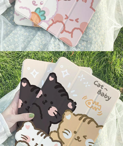 Rabbit Flat Tri-Fold Protective Case for iPad in silicone with cartoon design, showing tri-fold stand and compatibility with multiple models.