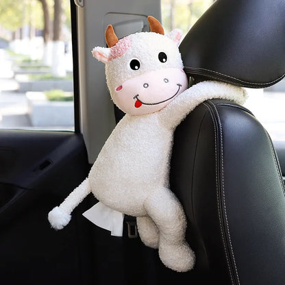 Plush animal design tissue box holder mounted on back of car seat