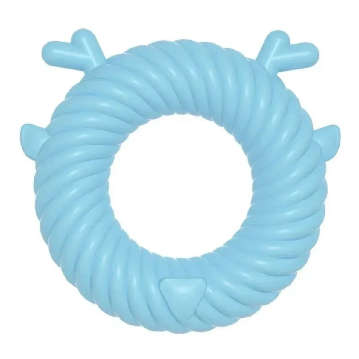 Deer-shaped dog chew toy with spiral grooves in light blue, pink, or green colours