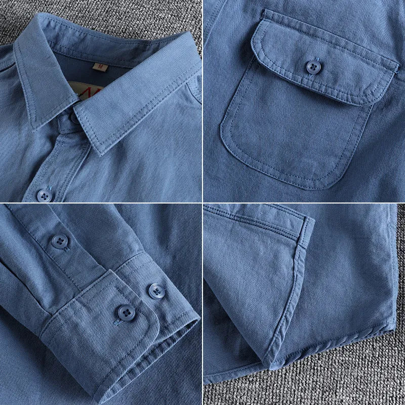 Men's retro British style cotton cardigan shirt in solid white or light blue with long sleeves
