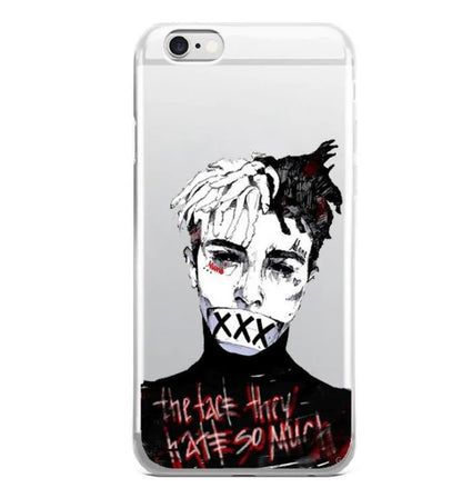 Clear half-wrapped iPhone case with XXTentacion pattern and matte finish.