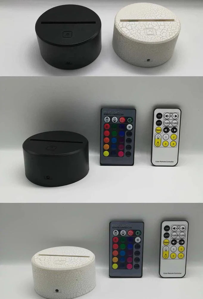 3D night light with acrylic panel and ABS base showing multi-colour illumination options