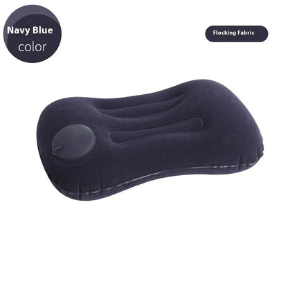 Inflatable travel pillow in grey navy blue pink or peacock green with flocking surface