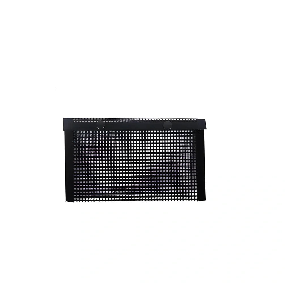 Black grill mesh bag with non-stick grid mat for BBQ cooking showing smoke-through design
