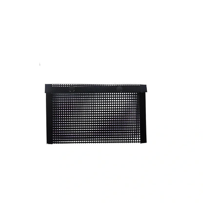 Black grill mesh bag with non-stick grid mat for BBQ cooking showing smoke-through design