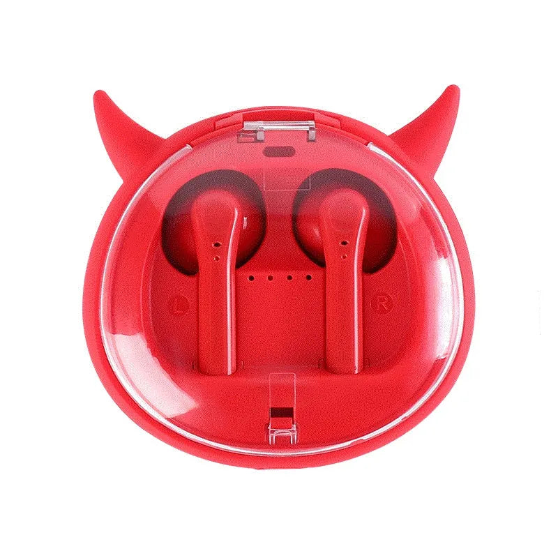 Macaron Red true wireless Bluetooth 5.0 headset with in-ear design showing battery display